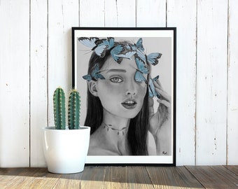 Impression de papillons bleus | Art de téléchargement numérique | Dessin à la main | Art imprimable