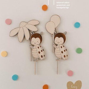 Cake Topper - Ladybug Set - Personalized - Name - Wood - Hand-Drawn - Children's Birthday - First Birthday - Cake Decoration