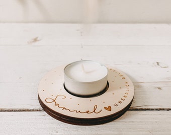 Piccolo portacandele inciso | personalizzato | Legno | Bambino delle stelle | Luce del ricordo | Dolore
