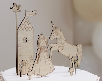 Taarttopper prinses | Eenhoorn | toren | sprookje | hout | Taartdecoratie