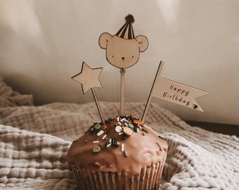 Little bear with hat mini wooden cake topper