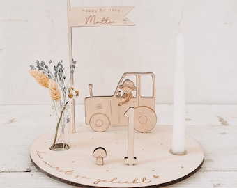 Personalized tractor candle plate including pennant, number, vase and white candle | birthday plate | Candle Plate | birthday train |