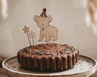 Little bear with a hat Wooden cake topper