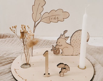 Squirrel candle plate personalized including pennant, number and white candle