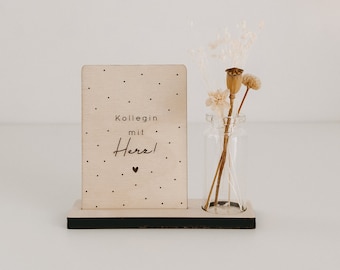 Colleague with heart | Mini - wooden card | individually or in a set with glass vase and dried flowers | sustainable