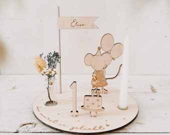 Mouse girl with balloons candle plate personalized including pennant, number and white candle