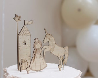 Princesa topper pastel | Unicornio | torre | cuento de hadas | madera | decoración de pasteles