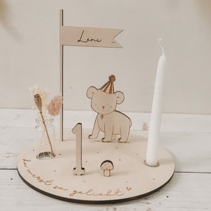 Little bear personalized candle plate including pennant, number and white candle Set Bär+Pilz