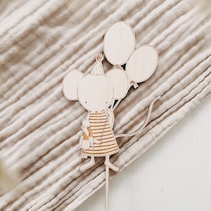 Maus Caketopper Mädchen | Luftballons | Geburtstag | Holz | Tulpe | Kamille | Cake Topper | Happy Birthday