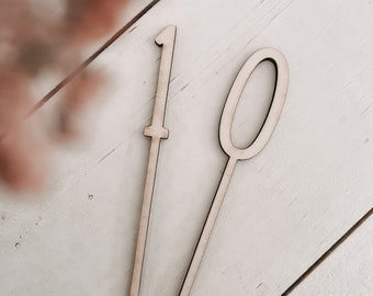 Op de afbeelding: Twee houten cijfers, een 1 en een 0, op een witte houten achtergrond. De cijfers zijn bevestigd aan stokjes.