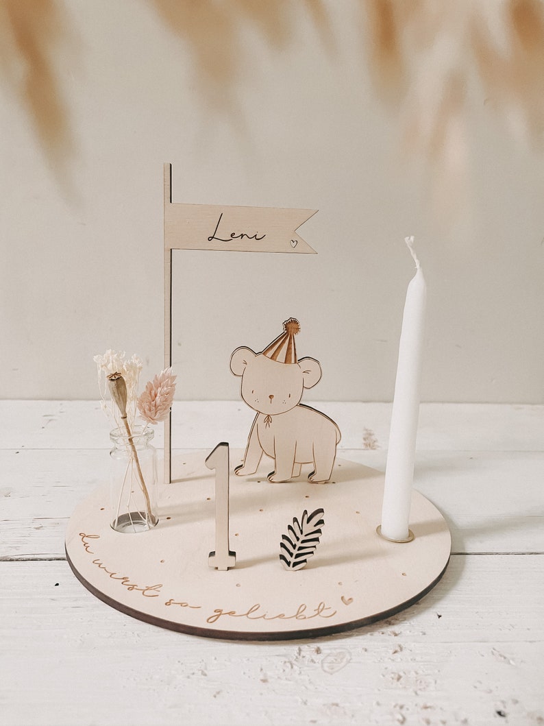 Little bear personalized candle plate including pennant, number and white candle image 8