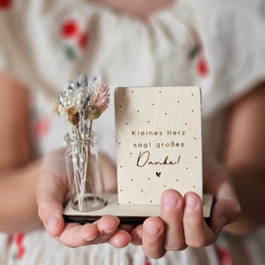 Kleines Herz sagt großes Danke! | Mini Aufsteller | Mini - Holzkarte | einzeln o. im Set mit Glasvase und Trockenblumen | nachhaltig