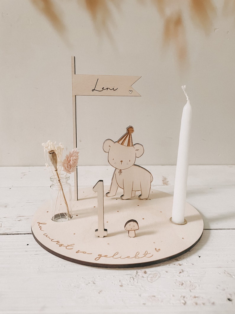 Little bear personalized candle plate including pennant, number and white candle image 7