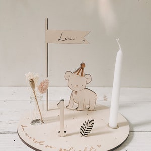 Little bear personalized candle plate including pennant, number and white candle Set Bär+Palmblatt