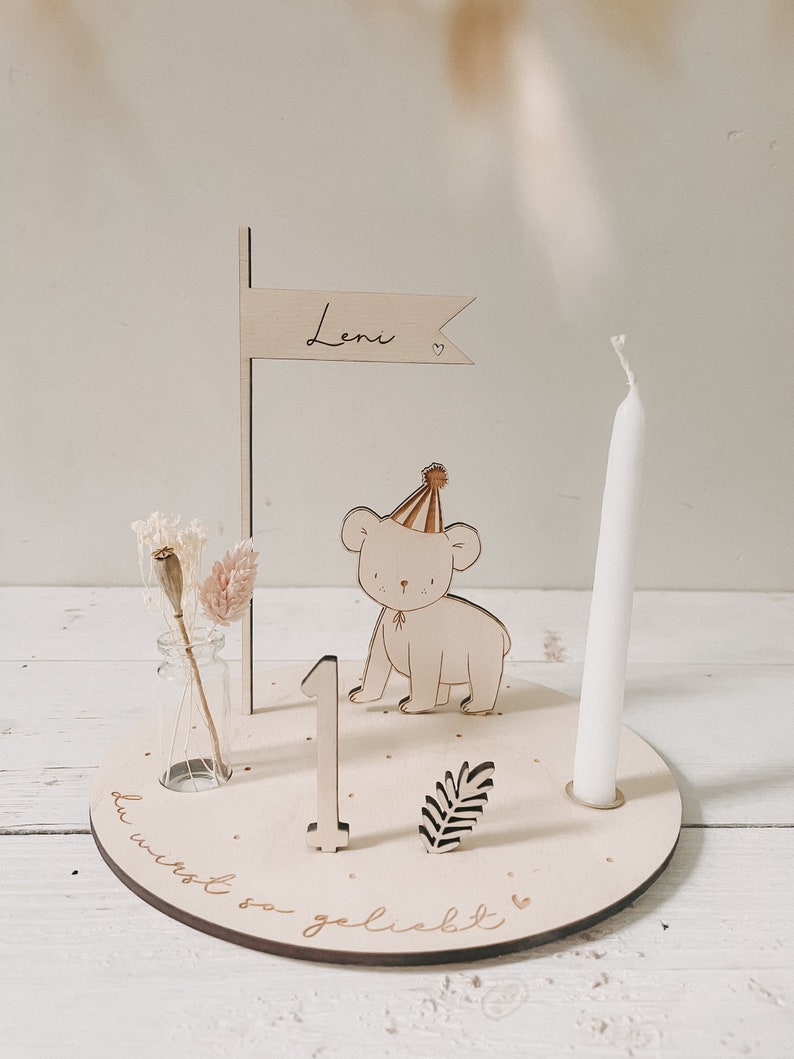 Little bear personalized candle plate including pennant, number and white candle Set Bär+Palmblatt