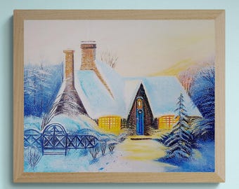 Winter Landscape Framed Poster: Snowy Cottage Canvas Wall Art, Christmas Wall Decor
