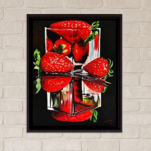 Strawberry in Glass Oil Painting Fruit Still Life Trendy Canvas Artwork Original Strawberry Painting Still life Painting on Canvas