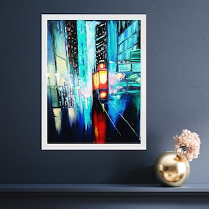 Rainy City Night Cityscape Print of Original Painting  City lights Print Urban Rain Scene Framed Fine Art Print Neon City Poster Night City