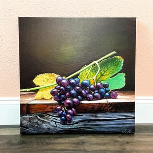 UVA su legno Natura morta Dipinto originale di frutta Dipinto a olio su tela Classica Belle Arti Arte murale Opera originale di frutta su sfondo scuro