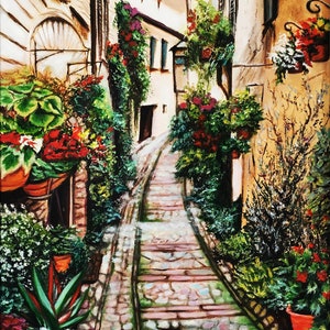 イタリアの絵画、イタリアの都市景観の額入りポスター、スペッロ村のオリジナル絵画のポスター、ヨーロッパの都市景観の絵画のイタリアのポスター