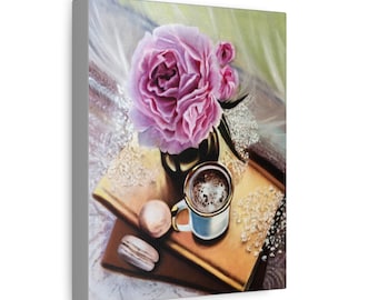 Morning Coffee - Pink Peony Canvas Print: Flowers Still Life , Floral Wall Art, Painting print