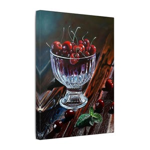 Cherries in Crystal Bowl- Canvas Print, Photorealistic Still Life, Wall Art for Dinning