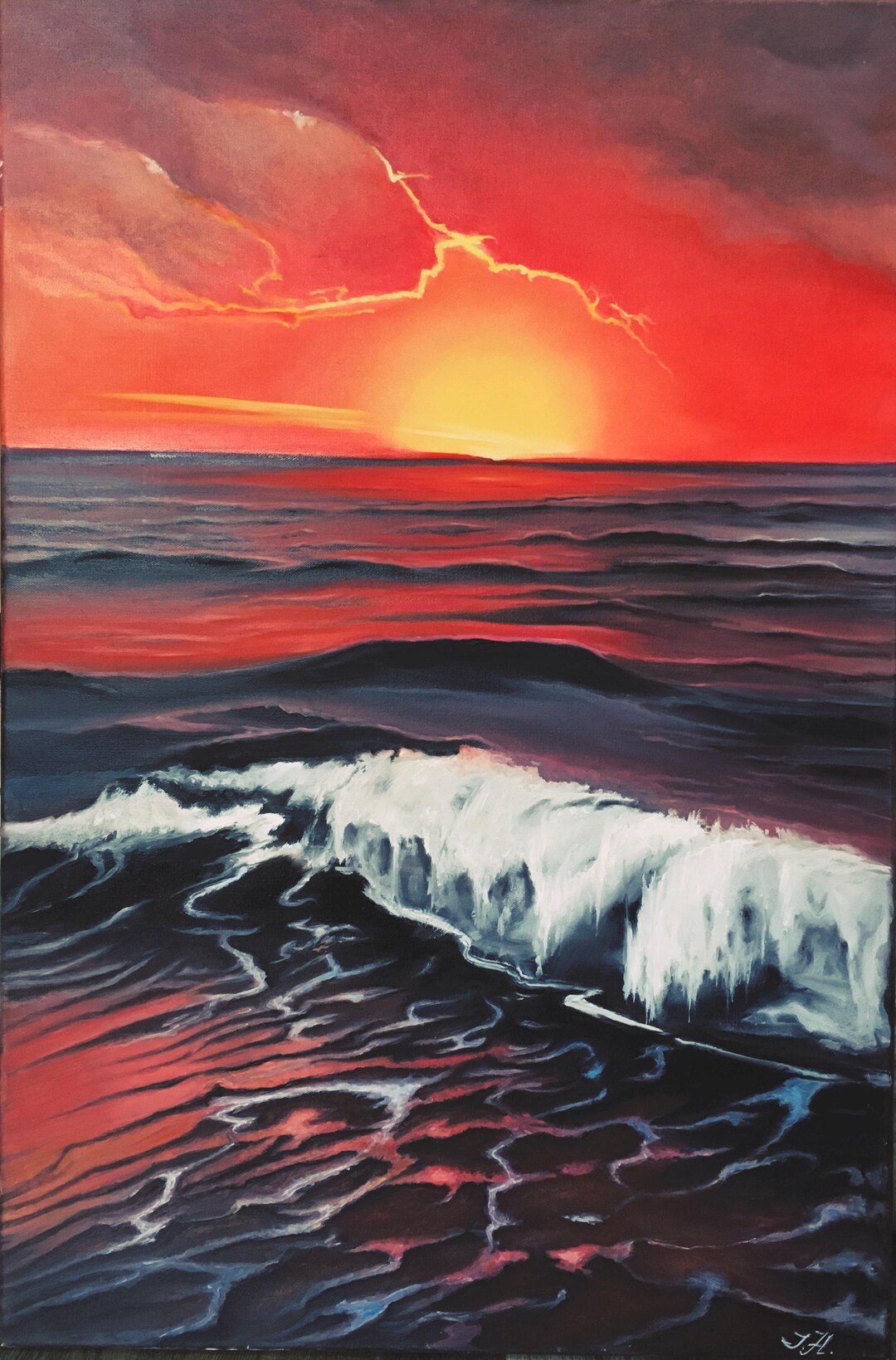 Sunset Wall Art- Dramatic Seascape Oil Painting: Large Canvas Ocean Art ...