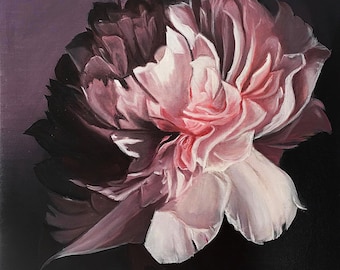 Canvasafdruk roze pioen van schilderij: elegant bloemstilleven, gewaagde pioenroos