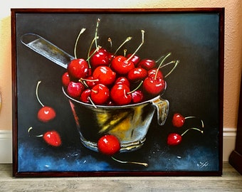 Cherries Original Oil Painting Photorealistic Food Still Life Painting Hyperrealism Food Art Original Fruit Still Life Fine Art Painting