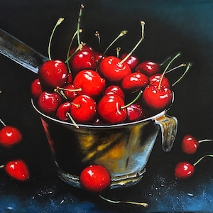 Cherry Feast Framed Handmade Painting on Large Canvas Fruit Still Life Cherry Wall Art Fruit Artwork Dark Moody Wall Decore
