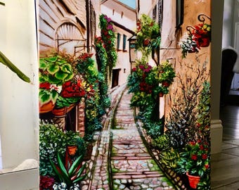 Spello Umbria Painting of Italy: European Cityscape, Old Town Oil Painting, Mediterranean Wall Art
