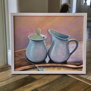 Acogedora pintura al óleo de la mañana, cuadro de desayuno enmarcado, conjunto de crema y azúcar, arte hecho a mano, arte de pared rústico, bodegón de desayuno, ambiente acogedor