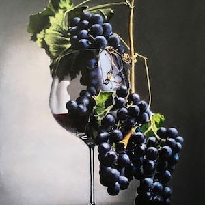 Original Oil Painting - GRAPES in Wine Glass , Still Life With Fruit,  Large Canvas Wall Art Hyperrealism Still Life,  Art Collector Gift
