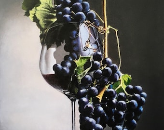 Uva da vino Dipinto ad olio originale su tela Iperrealismo Natura morta Frutta su tavola Pittura Bicchiere da vino Arte Frutta Natura morta Pittura a olio