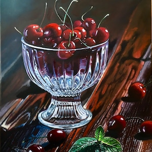 Hyperrealism Cherries Oil Painting: Vibrant Kitchen Still Life, 22x28 Framed Art