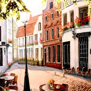 Bruges Street Scene Oil Painting: European Cityscape Art, Gift for Travelers