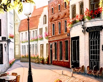 Bruges Street Scene Oil Painting: European Cityscape Art, Gift for Travelers