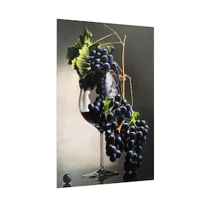 Uvas en copa de vino Póster de papel Naturaleza muerta Pintura de frutas Póster de frutas Arte de pared de cocina Decoración de pared de comedor