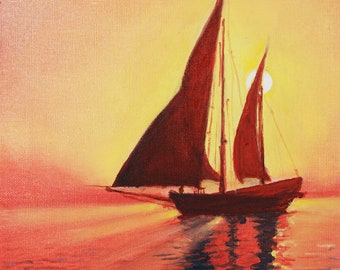 Può includere: Un dipinto di una barca a vela rossa che naviga su un mare rosso e arancione al tramonto.