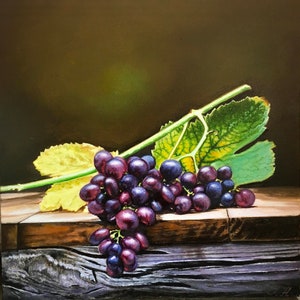 GRAPES on Wood Still Life Painting Original Fruit Oil Painting on Canvas Classic Fine Art Wall Art Original Fruit Dark Background Artwork
