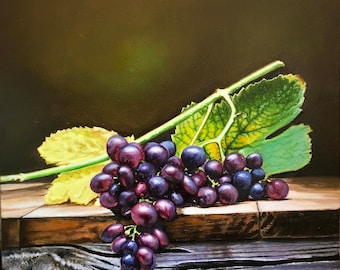 Grapes Still Life Art: Classic Fruit Oil Painting, Kitchen Wall Decor, Realism Food Art