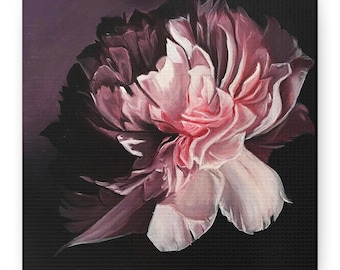 Rosa Pfingstrose Leinwandkunst, dunkle Blumenwanddekor, romantische Blumenkunstarbeit