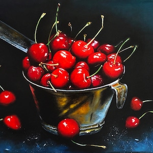 Cherries in Ladle- Fruit Still Life Oil Painting: Bright Wall Art, Framed Canvas Painting