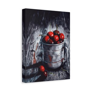 Fruit Kitchen Wall Decor: Fresh Cherries in Mug Canvas Print - Farmhouse Fruit Wall Art for Dining Room
