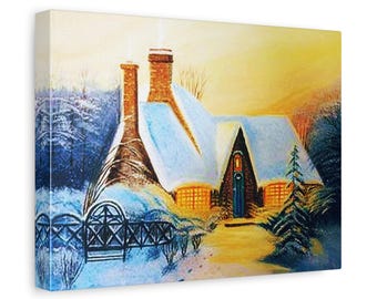 Winter Canvas Art for Home : Forest Cabin Painting Print, Log House Wall Decor