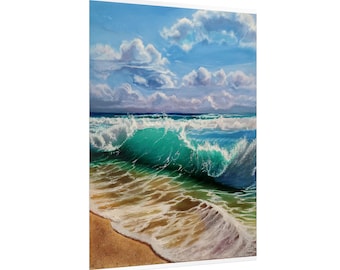 May include: An oil painting depicts a vibrant ocean scene. Turquoise waves crash onto a sandy shore under a blue sky dotted with fluffy white clouds. The artwork captures the dynamic movement of the water and the serene beauty of the beach.