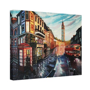 London City Canvas Print England Cityscape Wall Art Red Bus Canvas Print of Original Painting Urban Canvas Art European Landscape Wall Art