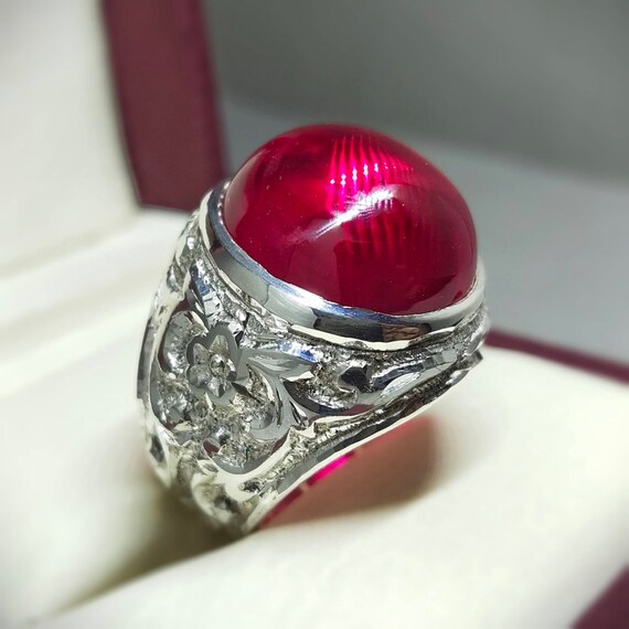 Cabochon Deep Red Ruby Mens Ring Sterling Silver 925 Yaqut Ring