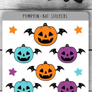 May include: A sheet of stickers featuring pumpkin-shaped bats with orange, purple, teal, and blue faces. The stickers are arranged in rows with a star sticker between each row. The text "PUMPKIN-BAT STICKERS" is at the top of the sheet. The text "THESKEICHYPUMPKINSHOP.COM" is at the bottom of the sheet.