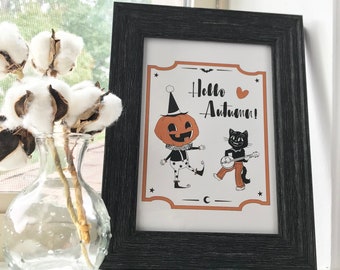 Pumpkin & Cat Dance, Art Print-Post card, Vintage, autumn, snozzberrylabs, halloween, jackolantern